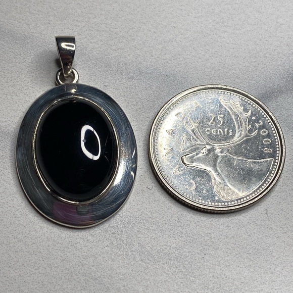 Black onyx oval sterling silver pendant necklace 925 - Picture 2 of 5
